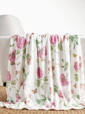 New Lenox Floral Plush Oversized Throw Blanket Butterfly Meadow Bloom Pink 🦋🌸🌷